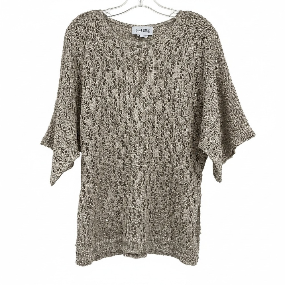 Joseph Ribkoff Beige Sequin Knit Short Sleeve Top | Womens M